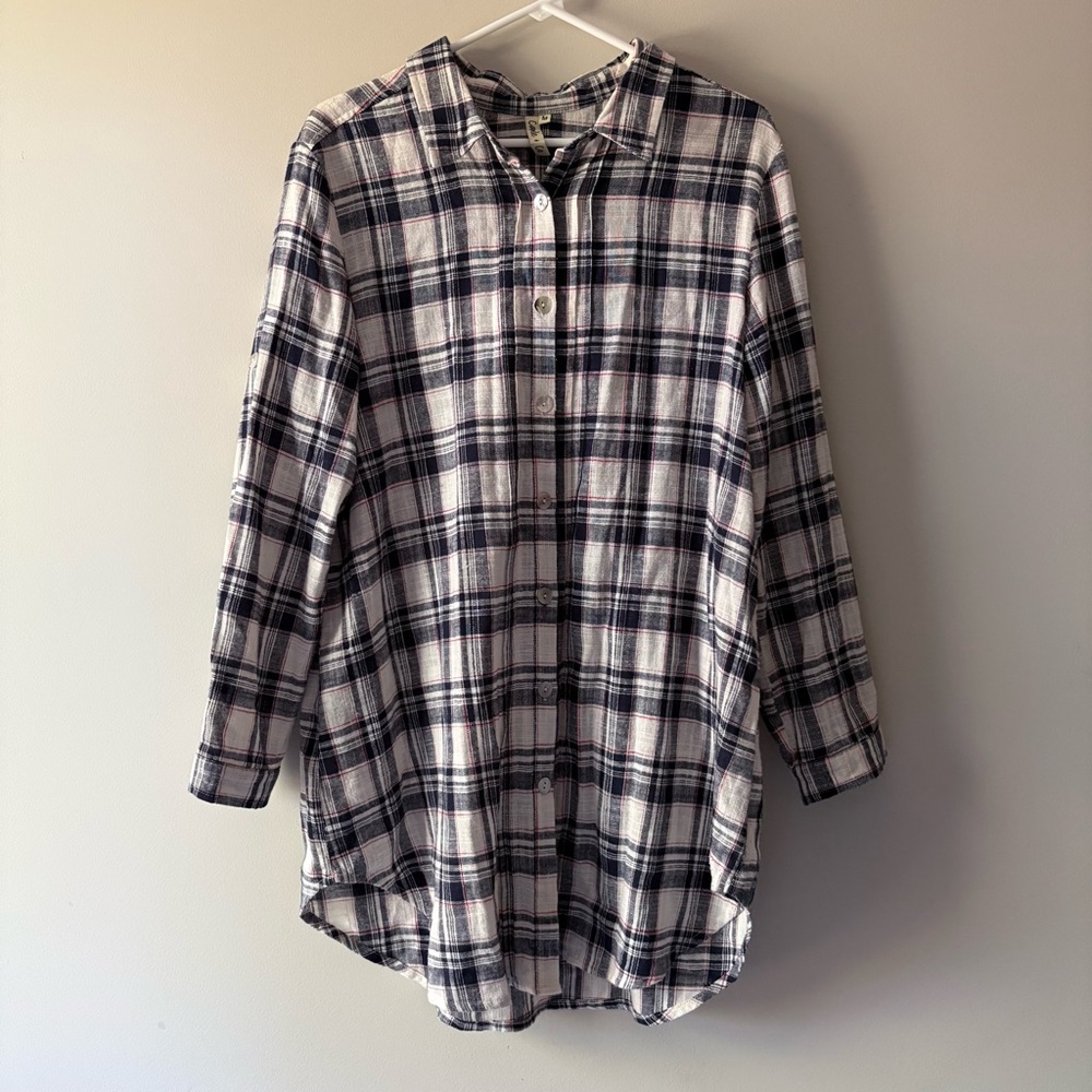 Linen Cotton Blend Long Tunic Blue Cream Plaid Camille & Co
